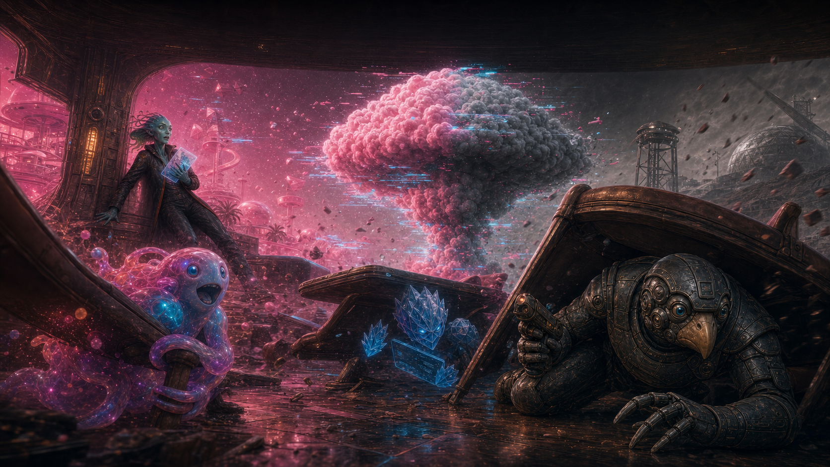 Pink and monochrome worlds collide aboard a space station