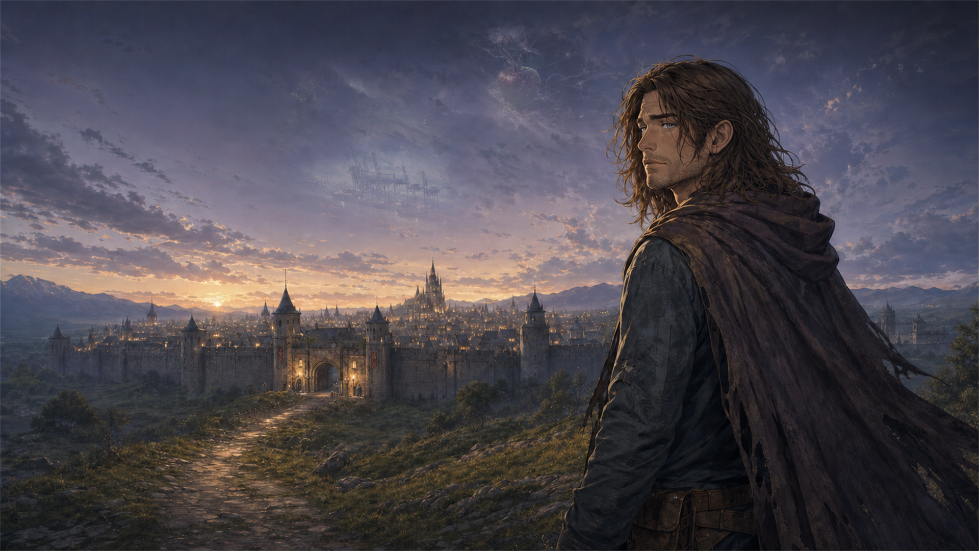 Alex looks toward a city in a new world at sunset