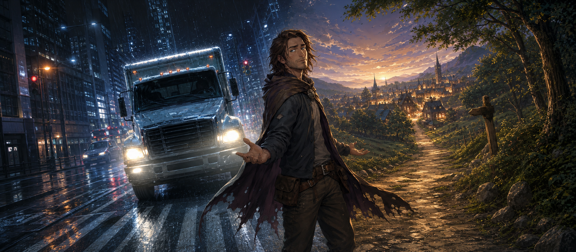 Alex between a truck and the road into a fantasy world