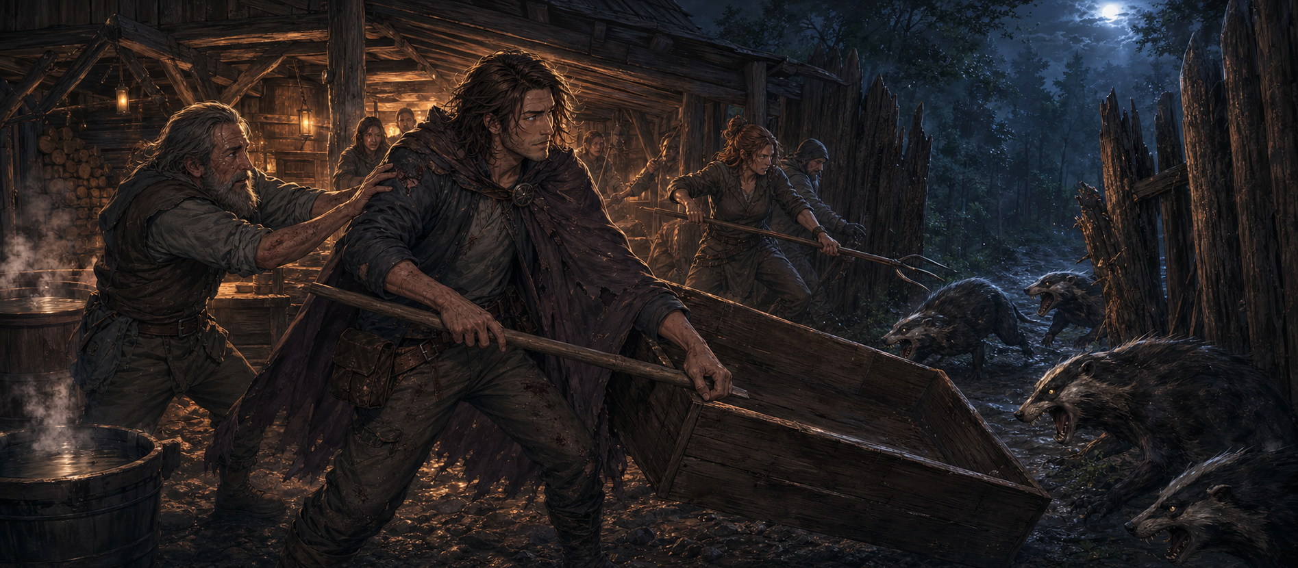 Alex helps the villagers repel a night attack by forest creatures